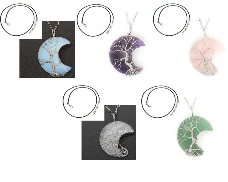 Natural Crystal Moon Pendant - 5color necklace chain set