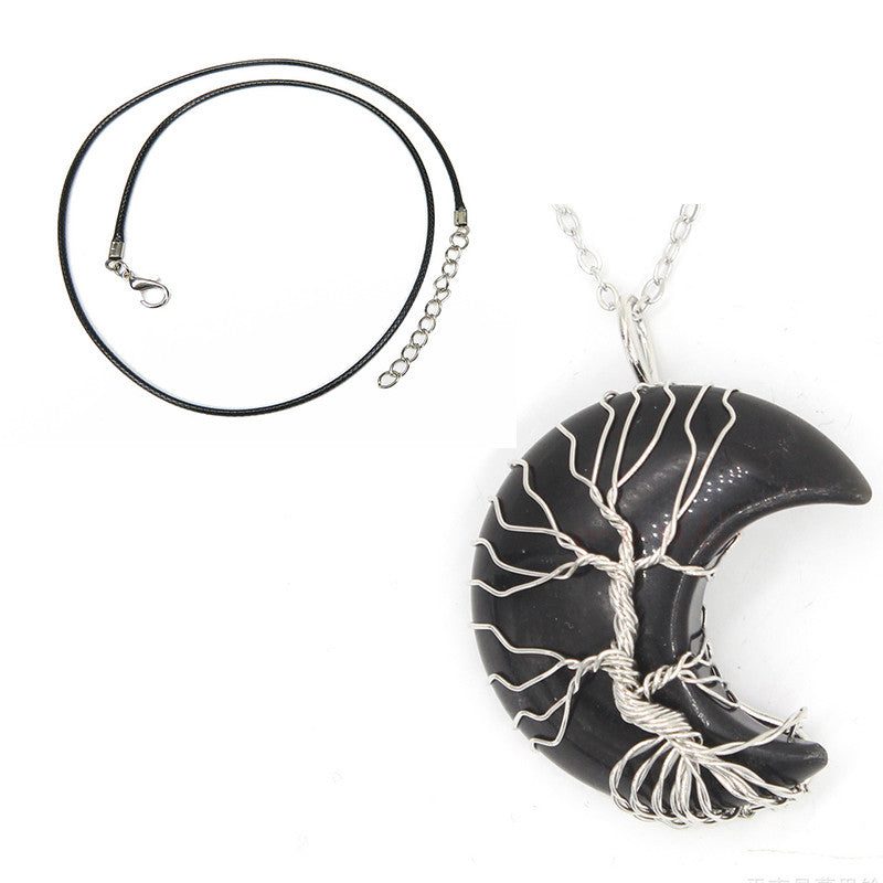 Natural Crystal Moon Pendant - Black necklace
