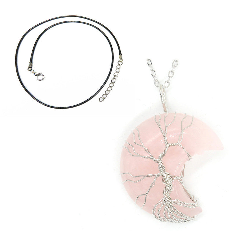 Natural Crystal Moon Pendant - Pink necklace