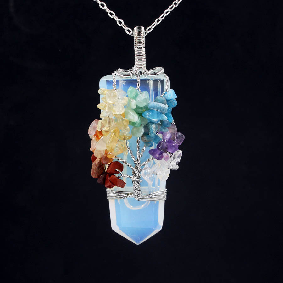 Crystal Column Tree Of Life Winding Pendant Necklace - Opal