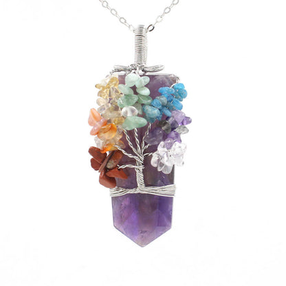 Crystal Column Tree Of Life Winding Pendant Necklace - Amethyst