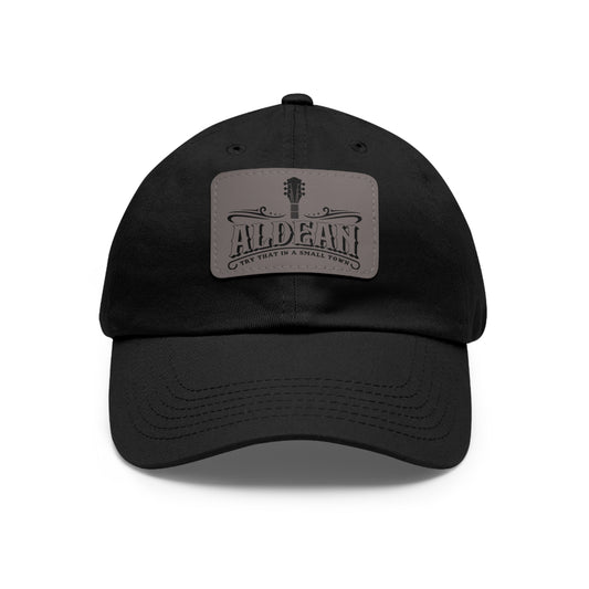 Try that in a small town guitar Dad Hat with Leather Patch (Rectangle) - Black / Grey patch / Rectangle / One size