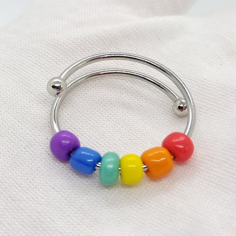 Bohemian Rainbow Beads Anxiety Ring Rotate Freely Anti Stress Fidget Spinner Rings For Women Girls Fashion Wedding Jewelry - RI22Y0180-2