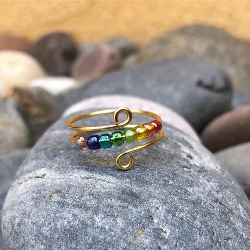 Bohemian Rainbow Beads Anxiety Ring Rotate Freely Anti Stress Fidget Spinner Rings For Women Girls Fashion Wedding Jewelry