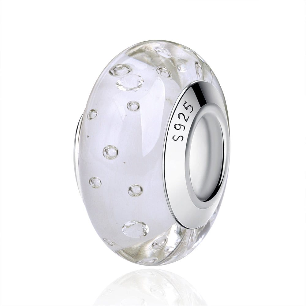 2023 New Original 100% 925 Sterling Silver Glass Bead Wood Stone Murano Flower Charms Fit Pandora Bracelet DIY Women Jewelry - LSM007