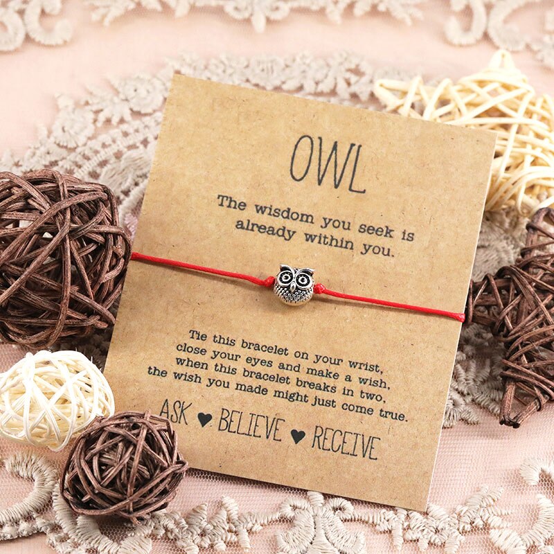 Vintage Owl Wish Bracelet Lucky Alloy Owl Pendant Jewelry Adjustable Wish Bracelet for Women Men Friendship Inspirational Gift - Red