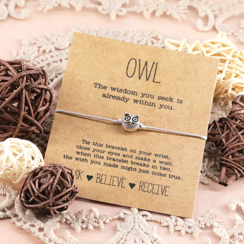 Vintage Owl Wish Bracelet Lucky Alloy Owl Pendant Jewelry Adjustable Wish Bracelet for Women Men Friendship Inspirational Gift - Gray