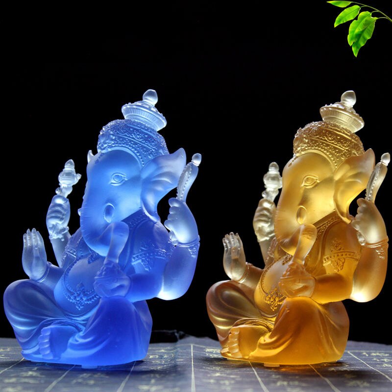 Unique Beautiful Glass Scupture Colored Glaze Statue of Lord Ganesh Ganpati Elephant Hindu God Remove Obstacles Auspicious Gift