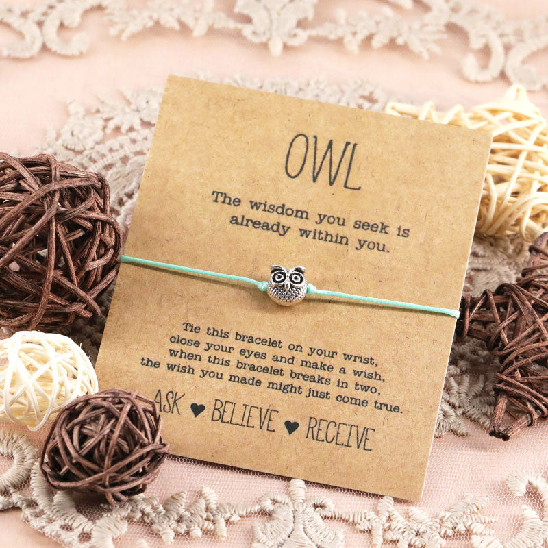 Vintage Owl Wish Bracelet Lucky Alloy Owl Pendant Jewelry Adjustable Wish Bracelet for Women Men Friendship Inspirational Gift - Green