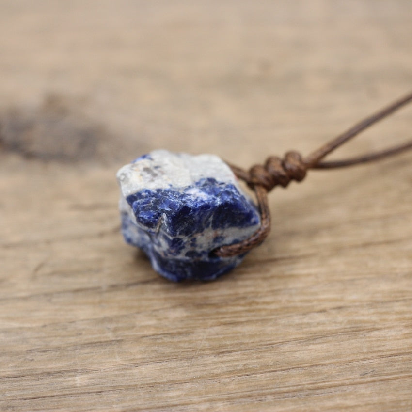 Healing Reiki Raw Stone Mineral Pendants Necklace,Natural Crystal Fluorite Rose Quartzs Tourmaline Agates Apatite Jewelry,QC3014 - Sodalite