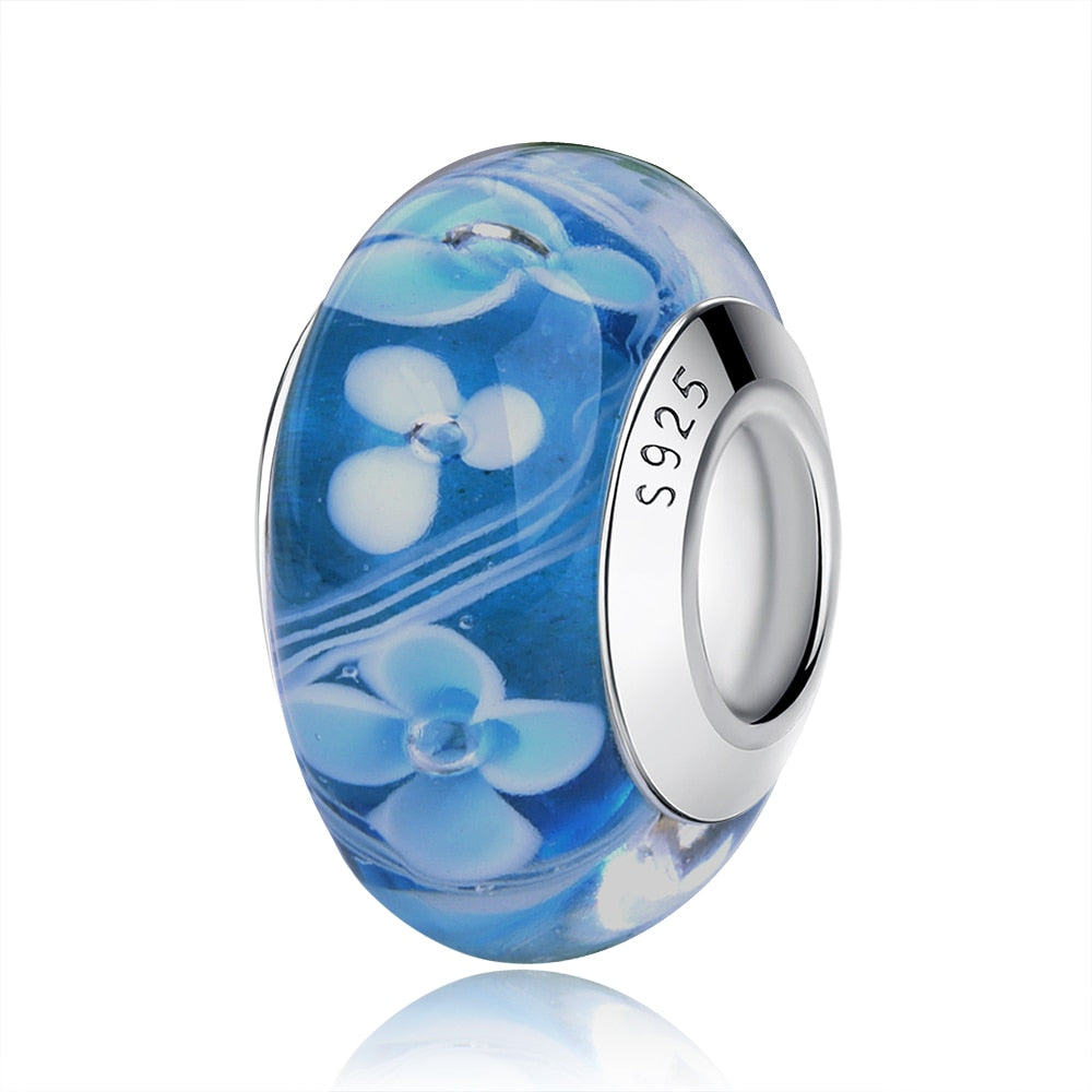 2023 New Original 100% 925 Sterling Silver Glass Bead Wood Stone Murano Flower Charms Fit Pandora Bracelet DIY Women Jewelry - LSM072