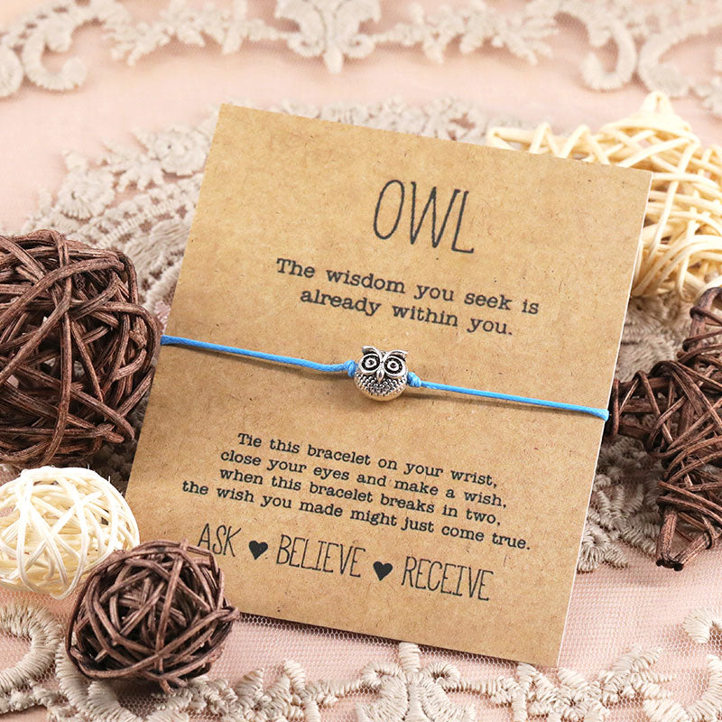 Vintage Owl Wish Bracelet Lucky Alloy Owl Pendant Jewelry Adjustable Wish Bracelet for Women Men Friendship Inspirational Gift - Blue