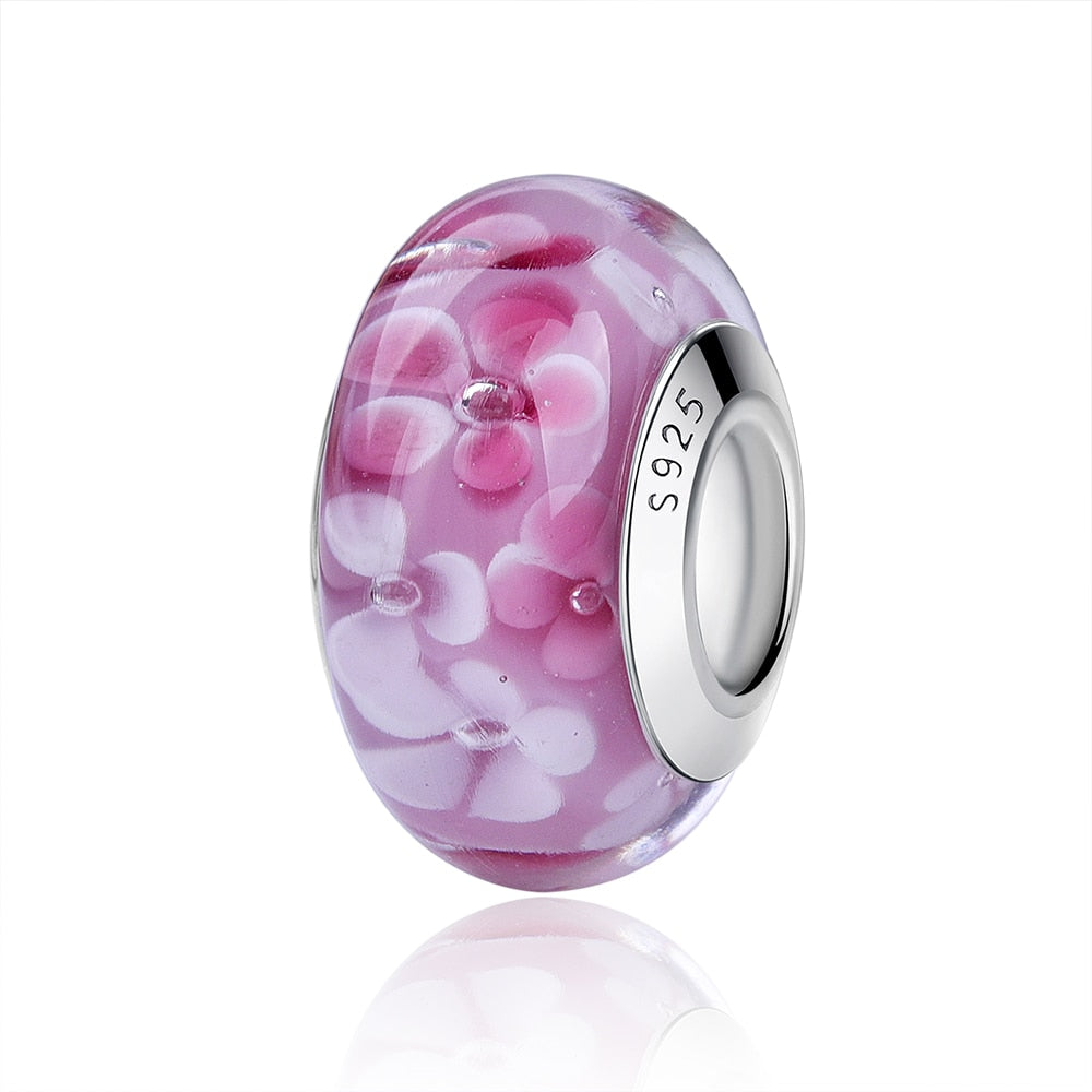 2023 New Original 100% 925 Sterling Silver Glass Bead Wood Stone Murano Flower Charms Fit Pandora Bracelet DIY Women Jewelry - LSM043 Pink Base