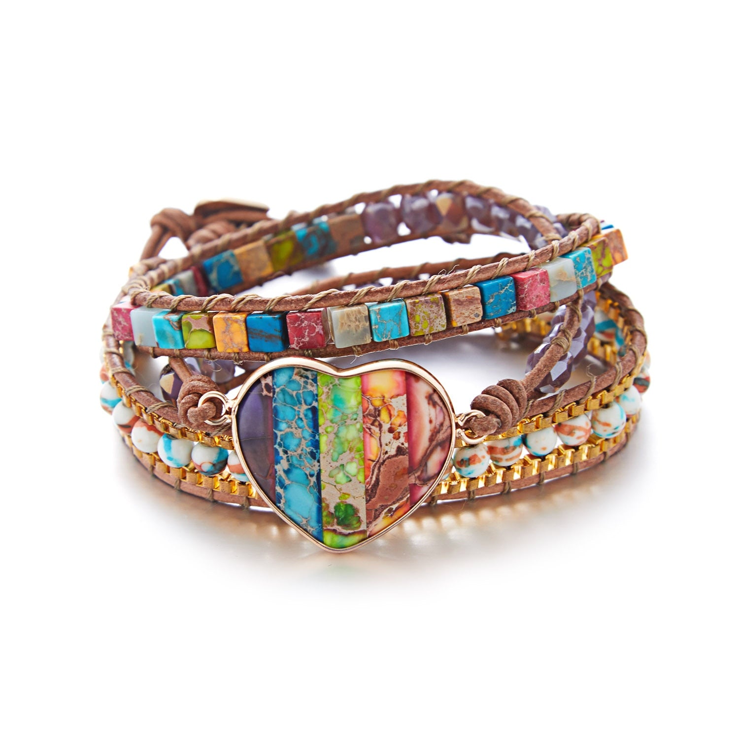 New Fashion Mixed Color Natural Stone Bracelet For Women Men Chakra Heart Wrap Leather Chain Bracelet&Bangle Charm Jewelry