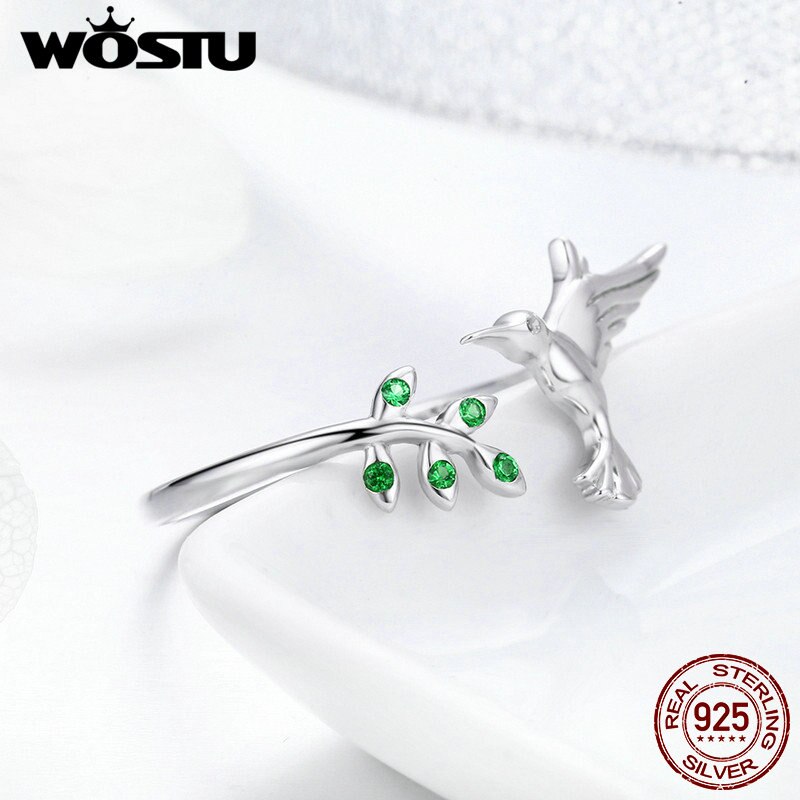WOSTU Authentic 925 Sterling Silver Hummingbird & Leaves Ring For Women Nature Style S925 Silver Jewelry Gift CQR323