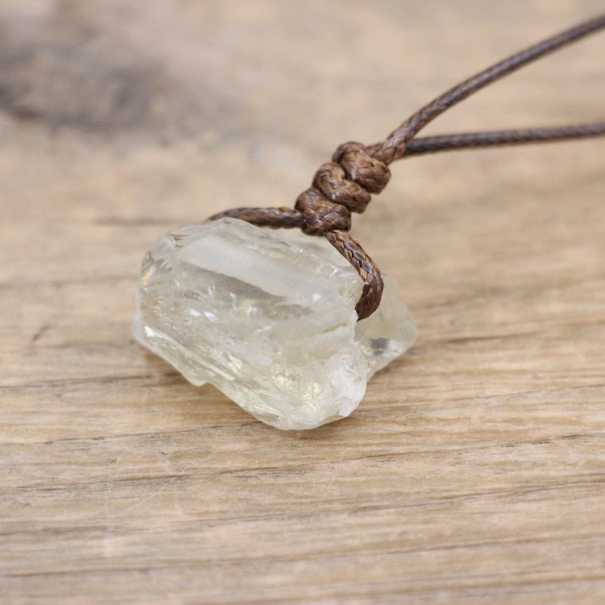 Healing Reiki Raw Stone Mineral Pendants Necklace,Natural Crystal Fluorite Rose Quartzs Tourmaline Agates Apatite Jewelry,QC3014 - Lemon Quartz