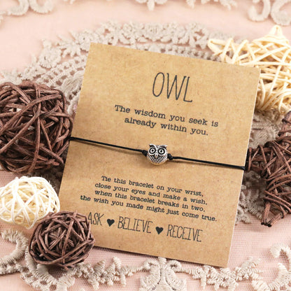 Vintage Owl Wish Bracelet Lucky Alloy Owl Pendant Jewelry Adjustable Wish Bracelet for Women Men Friendship Inspirational Gift - Black