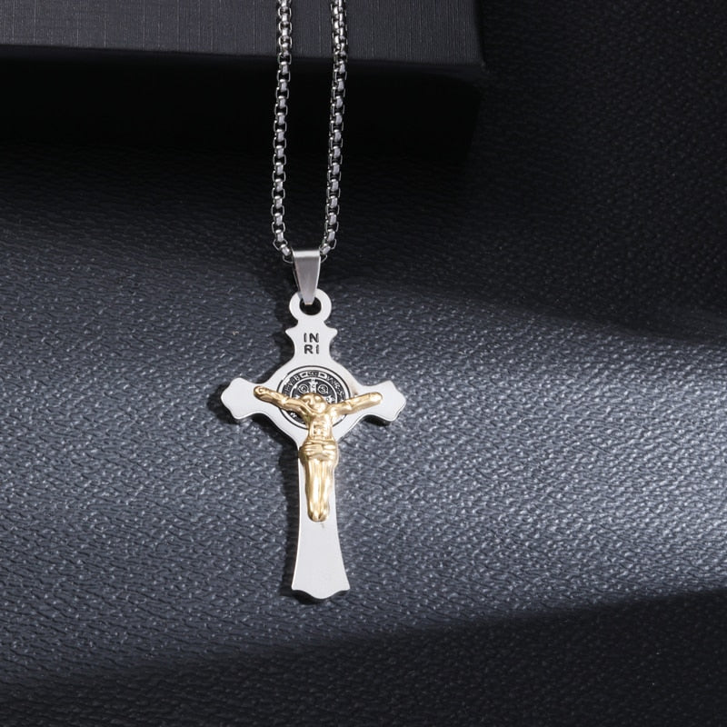 Saint St. Benedict Jesus Cross Pendant Necklace Men and Women Religious Christian Catholic Amulet Stainless Steel Jewelry - AL19982-gold