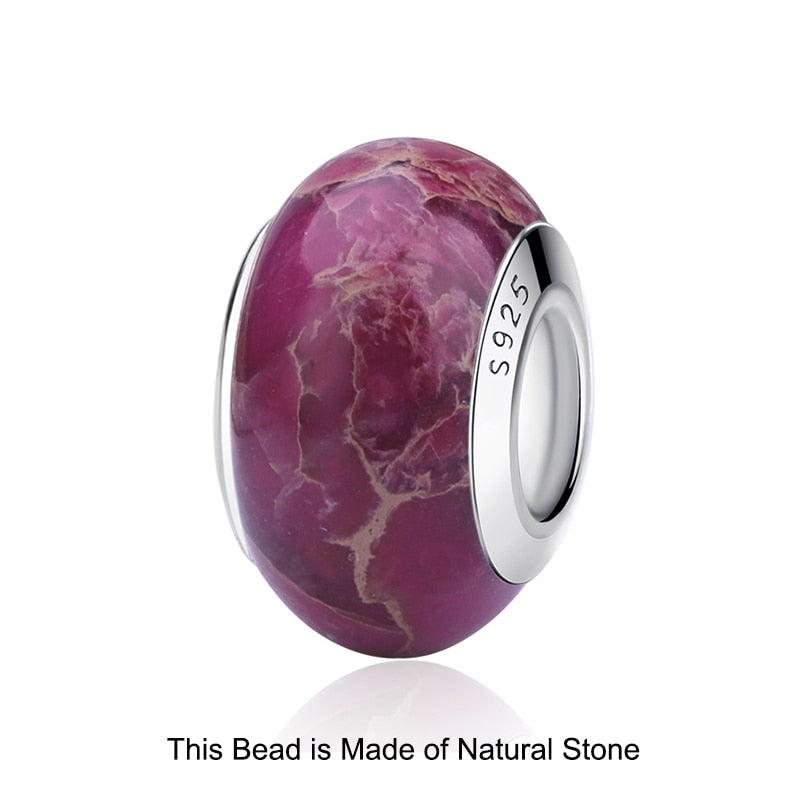 2023 New Original 100% 925 Sterling Silver Glass Bead Wood Stone Murano Flower Charms Fit Pandora Bracelet DIY Women Jewelry - LSM093 Natural Stone