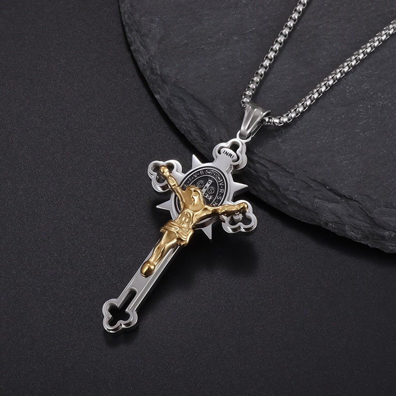 Saint St. Benedict Jesus Cross Pendant Necklace Men and Women Religious Christian Catholic Amulet Stainless Steel Jewelry - AL18944-Gold