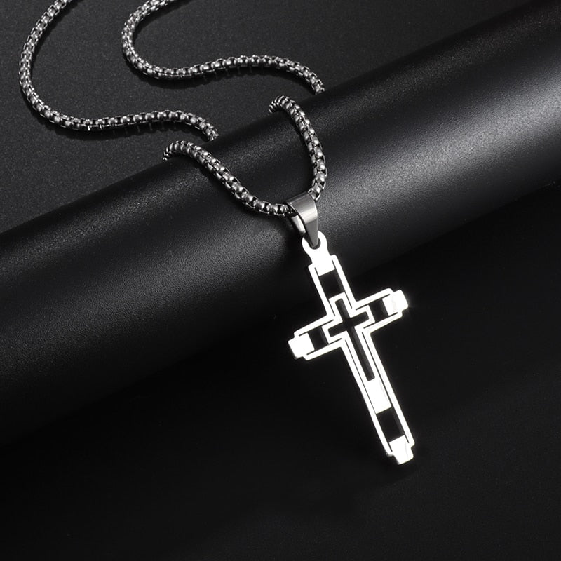 Saint St. Benedict Jesus Cross Pendant Necklace Men and Women Religious Christian Catholic Amulet Stainless Steel Jewelry - AL18928-Silver