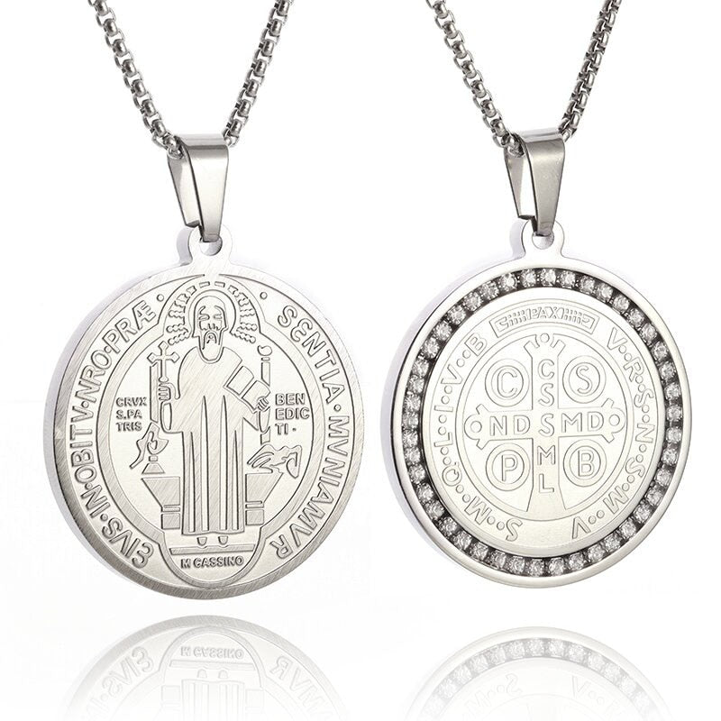 Saint St. Benedict Jesus Cross Pendant Necklace Men and Women Religious Christian Catholic Amulet Stainless Steel Jewelry - AL19651-Silver