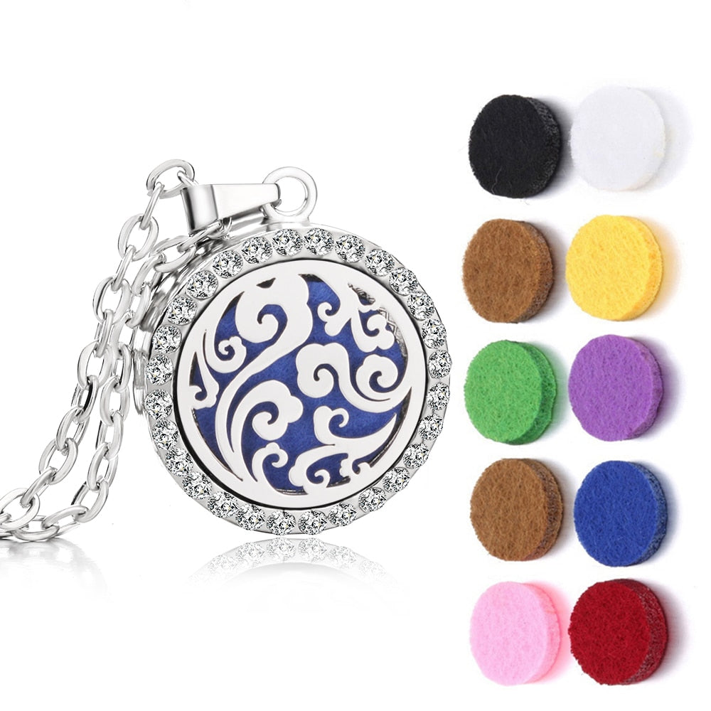 Crystal Aromatherapy Necklace Tree Flower Essential Oils Diffuser Jewelry Women Locket Aroma Diffuser Perfume Pendant Necklace - 12-10PCS Pads