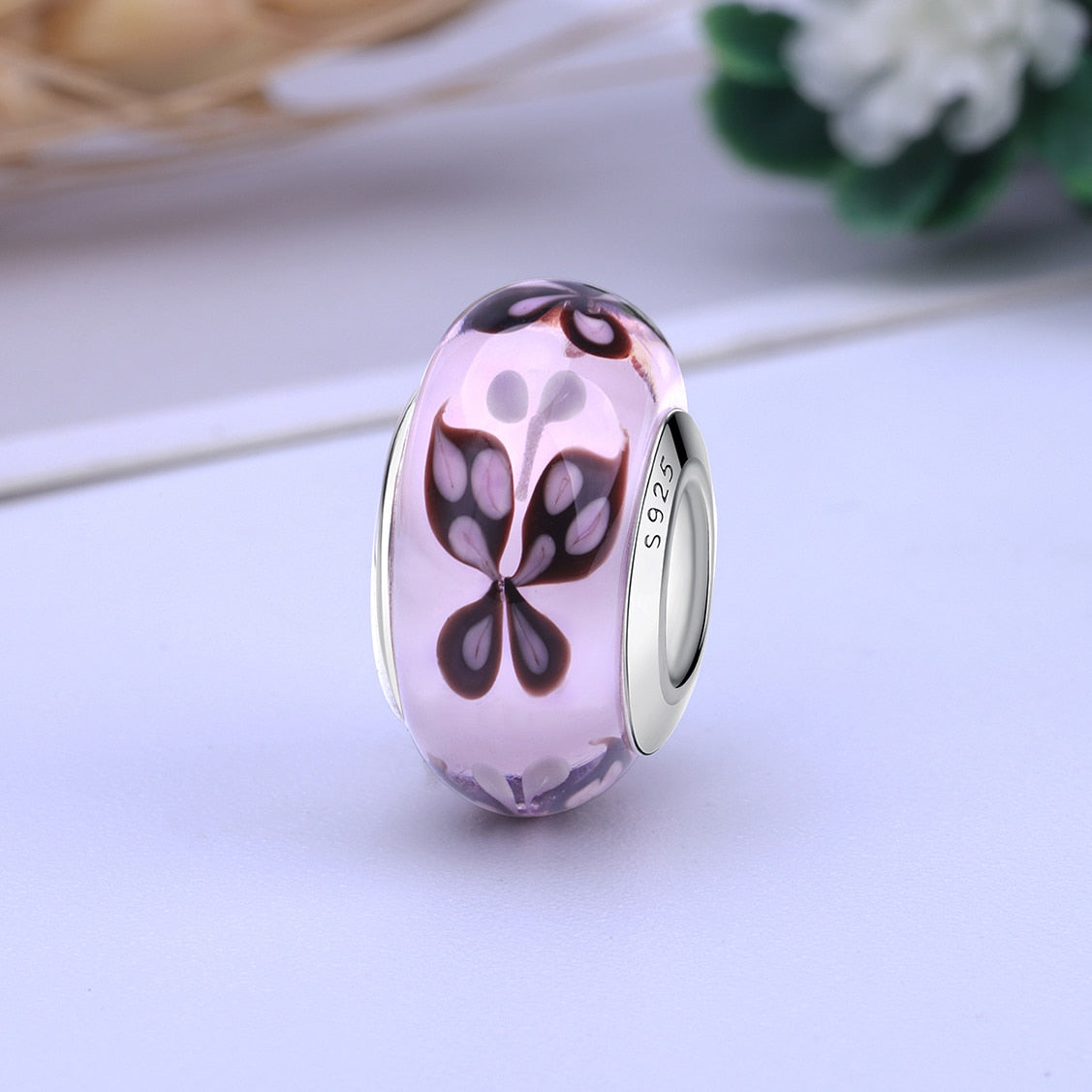 2023 New Original 100% 925 Sterling Silver Glass Bead Wood Stone Murano Flower Charms Fit Pandora Bracelet DIY Women Jewelry - LSM052