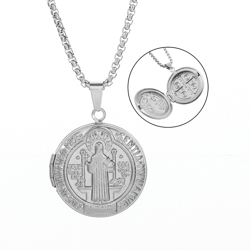 Saint St. Benedict Jesus Cross Pendant Necklace Men and Women Religious Christian Catholic Amulet Stainless Steel Jewelry - A3012-silver