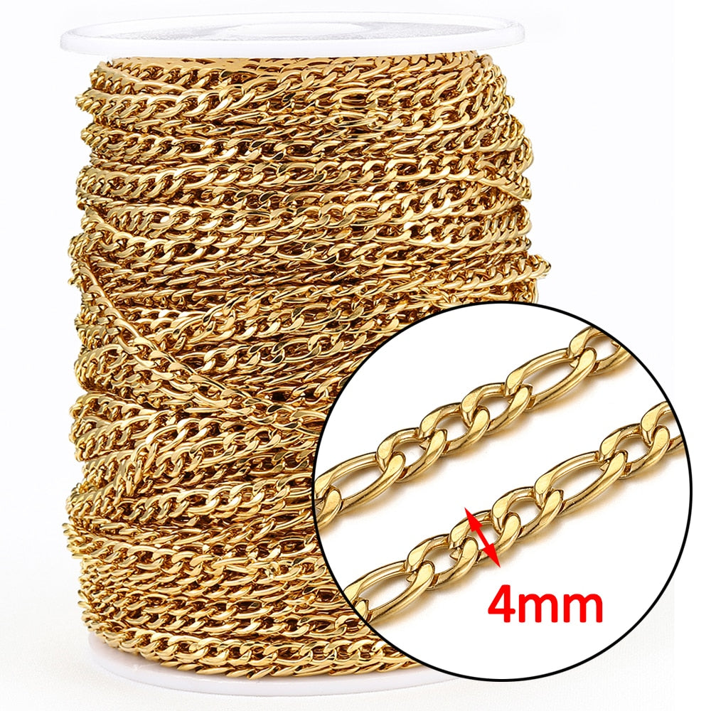 No Fade 2Meters Stainless Steel Chains for Jewelry Making DIY Necklace Bracelet Accessories Gold Chain Lips Beads Beaded Chain - B-Gold 4mm