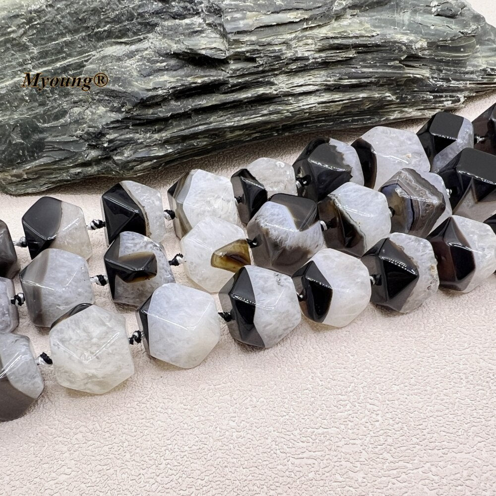 15MM Large Faceted Natural Black And White Agates Quartz Cutting Nugget Cube Beads For DIY Jewelry Making MY230539