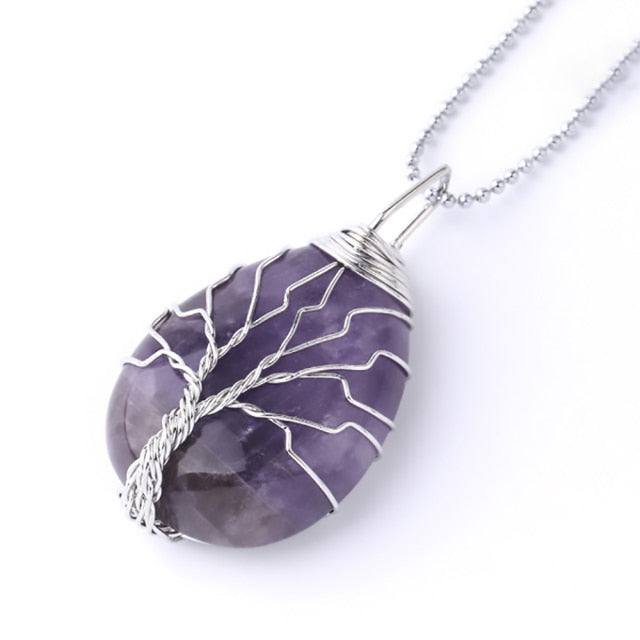 CSJA Natural Gem Stone Pendulum for Divination Dowsing Esoterisme 7 Chakra Crystals Pendulums Tree of Life Necklace Pendant G905 - Amethyst Chain / China - Amethyst Chain / France