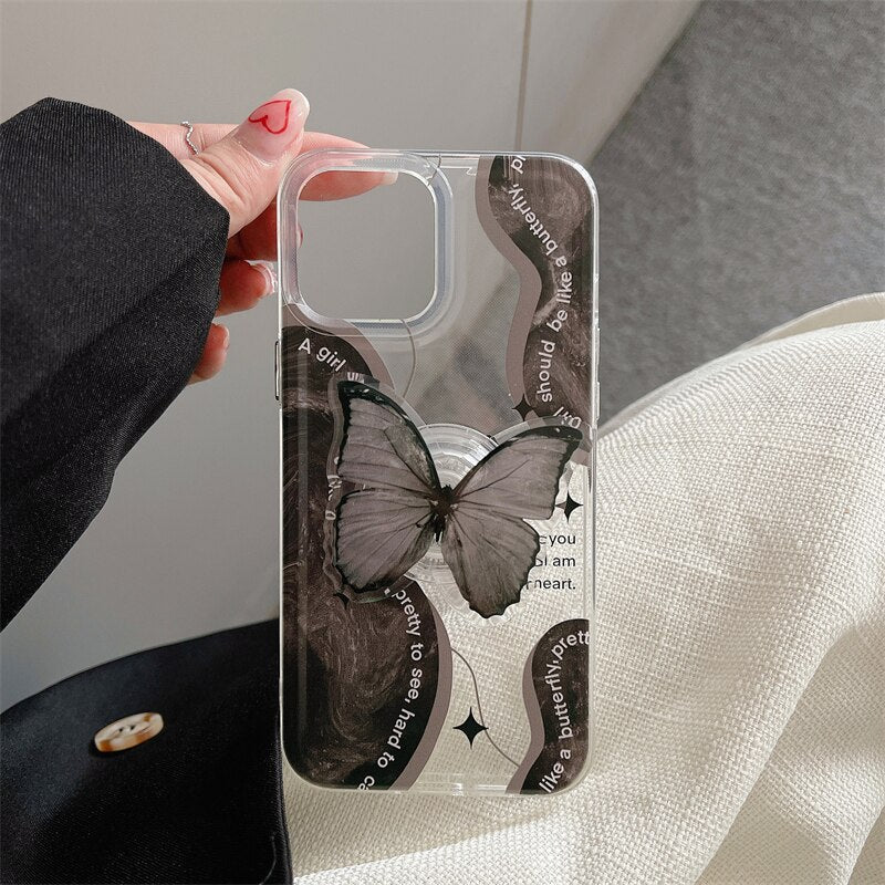 Korea Cute Black Butterfly Bracket Clear Soft Phone Case For IPhone 12 11 13 Pro XR X XS Max 7 8 Plus Protective Back Cover