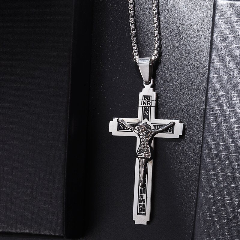 Saint St. Benedict Jesus Cross Pendant Necklace Men and Women Religious Christian Catholic Amulet Stainless Steel Jewelry - AL19971-Silver