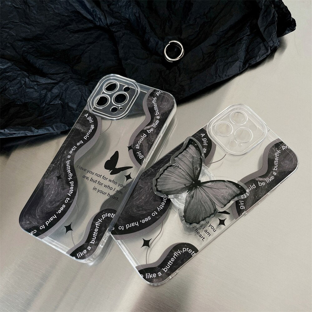Korea Cute Black Butterfly Bracket Clear Soft Phone Case For IPhone 12 11 13 Pro XR X XS Max 7 8 Plus Protective Back Cover