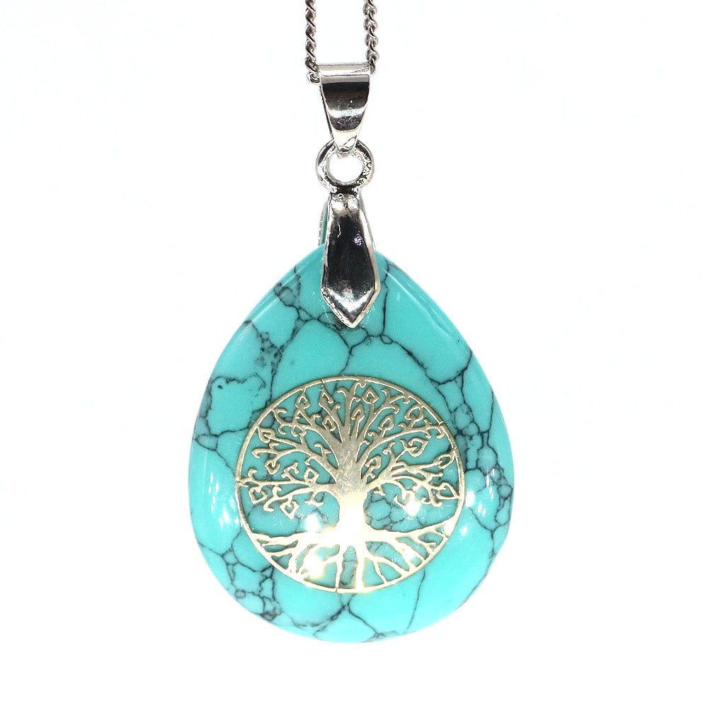 7 Chakra Stone Tree of Life Pendant Natural Water Drop Necklaces Rose Crystal Pink Quartz Amethyst Lapis Lazuli Tiger Eye Gifts