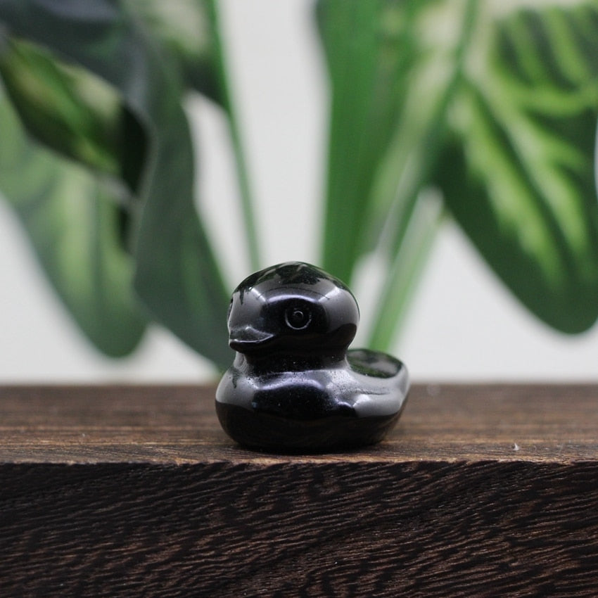 1.2 Inch Cute Duck Statue Crafts Home Decor Reiki Healing Crystal Carved Gemstone Figurine Opalite Quartz Small Animal Kid Gifts - Obsidian