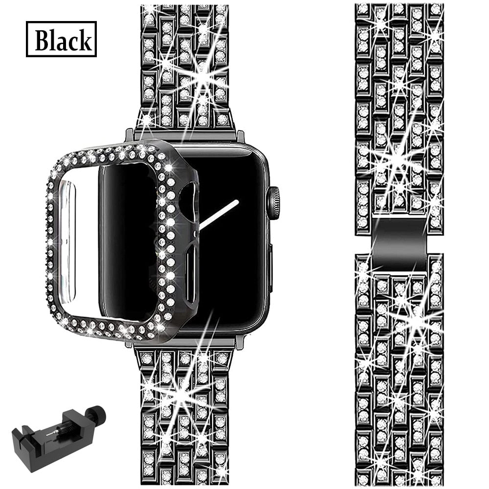 For Apple Watch Bands 45mm 41mm 40mm 42mm 44mm Women Glitter Metal Strap Diamond Protective Case iWatch Series 8 7 6 5 4 3 2 SE