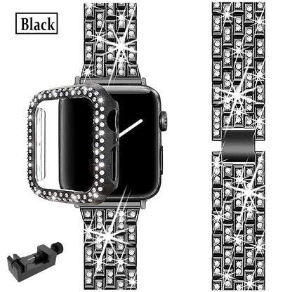 For Apple Watch Bands 45mm 41mm 40mm 42mm 44mm Women Glitter Metal Strap Diamond Protective Case iWatch Series 8 7 6 5 4 3 2 SE - Black / For iwatch 321 38mm - Black / For iwatch654SE 40mm - Black / For iwatch 321 42mm - Black / For iwatch654SE 44mm - Black / For iwatch 8 7 45mm - Black / For iwatch 8 7 41mm