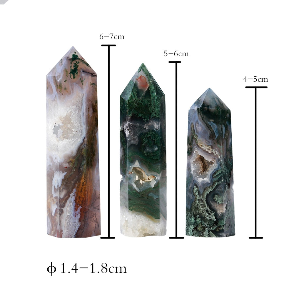 Natural Crystals Moss Agate Wands Healing Chakra Stones 6 Faceted Prism Aquatic Agate Single Point Tower Home Decor - Moss agate / 4-5cm - Moss agate / 5-6cm - Moss agate / 6-7cm