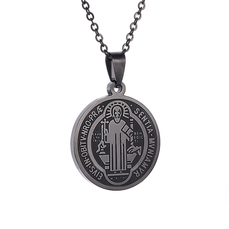 Saint St. Benedict Jesus Cross Pendant Necklace Men and Women Religious Christian Catholic Amulet Stainless Steel Jewelry - AL19819-Black