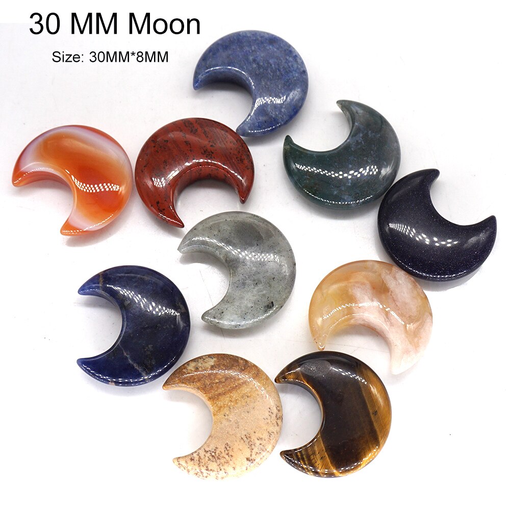 10PCS/ Set Mix Natural Stones Animal Statue Healing Crystal Plant Figurine Gemstone Carved Angel Wicca Craft Decor Wholesale Lot - Moon 30MM