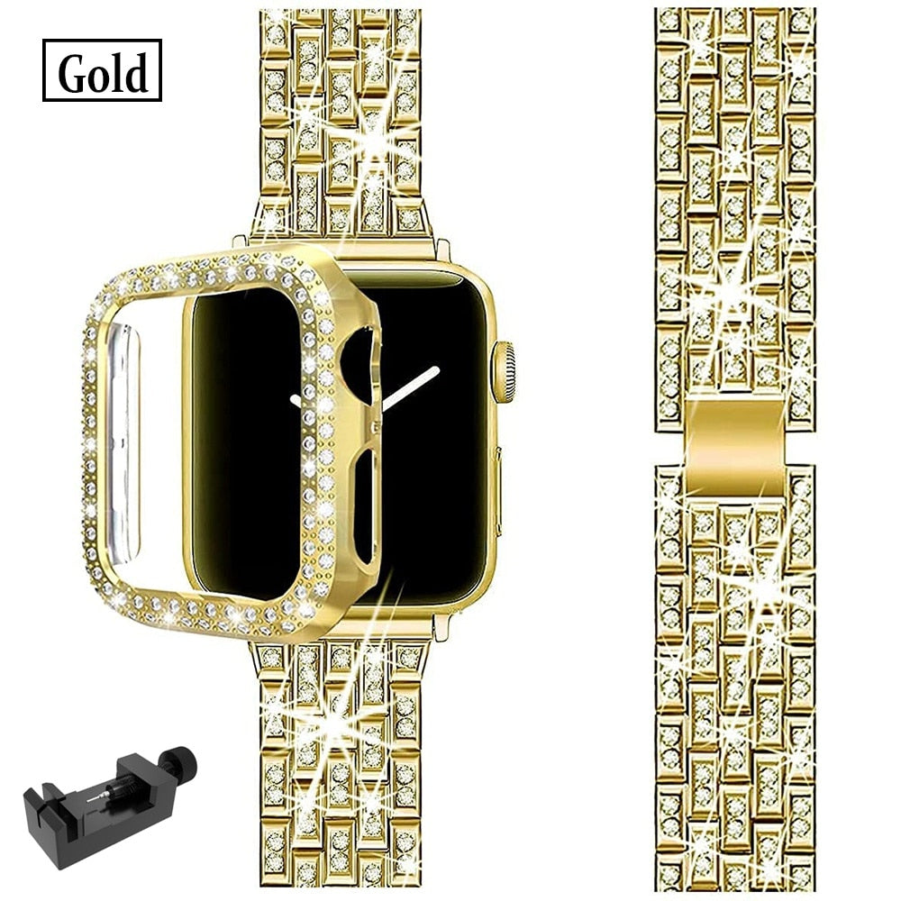 For Apple Watch Bands 45mm 41mm 40mm 42mm 44mm Women Glitter Metal Strap Diamond Protective Case iWatch Series 8 7 6 5 4 3 2 SE - Gold / For iwatch 321 38mm - Gold / For iwatch654SE 40mm - Gold / For iwatch 321 42mm - Gold / For iwatch654SE 44mm - Gold / For iwatch 8 7 45mm - Gold / For iwatch 8 7 41mm