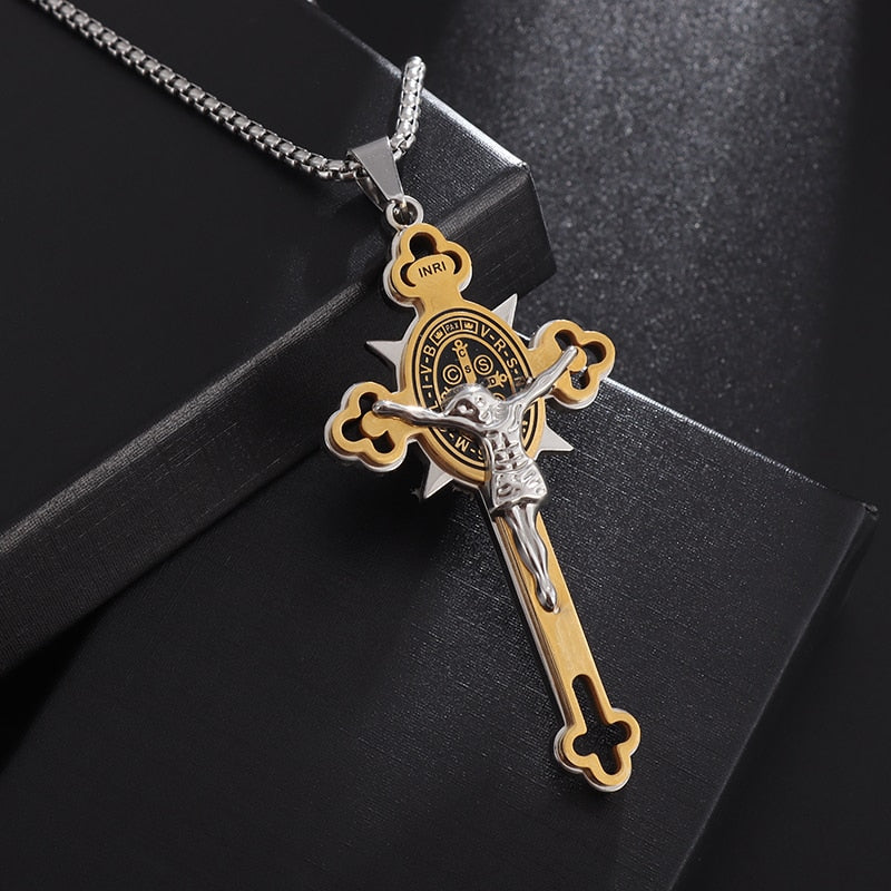 Saint St. Benedict Jesus Cross Pendant Necklace Men and Women Religious Christian Catholic Amulet Stainless Steel Jewelry - AL19771-Gold