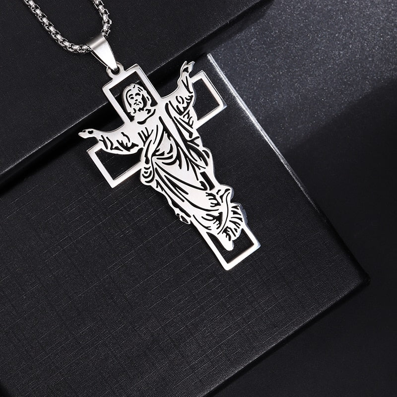Saint St. Benedict Jesus Cross Pendant Necklace Men and Women Religious Christian Catholic Amulet Stainless Steel Jewelry - AL19890-silver