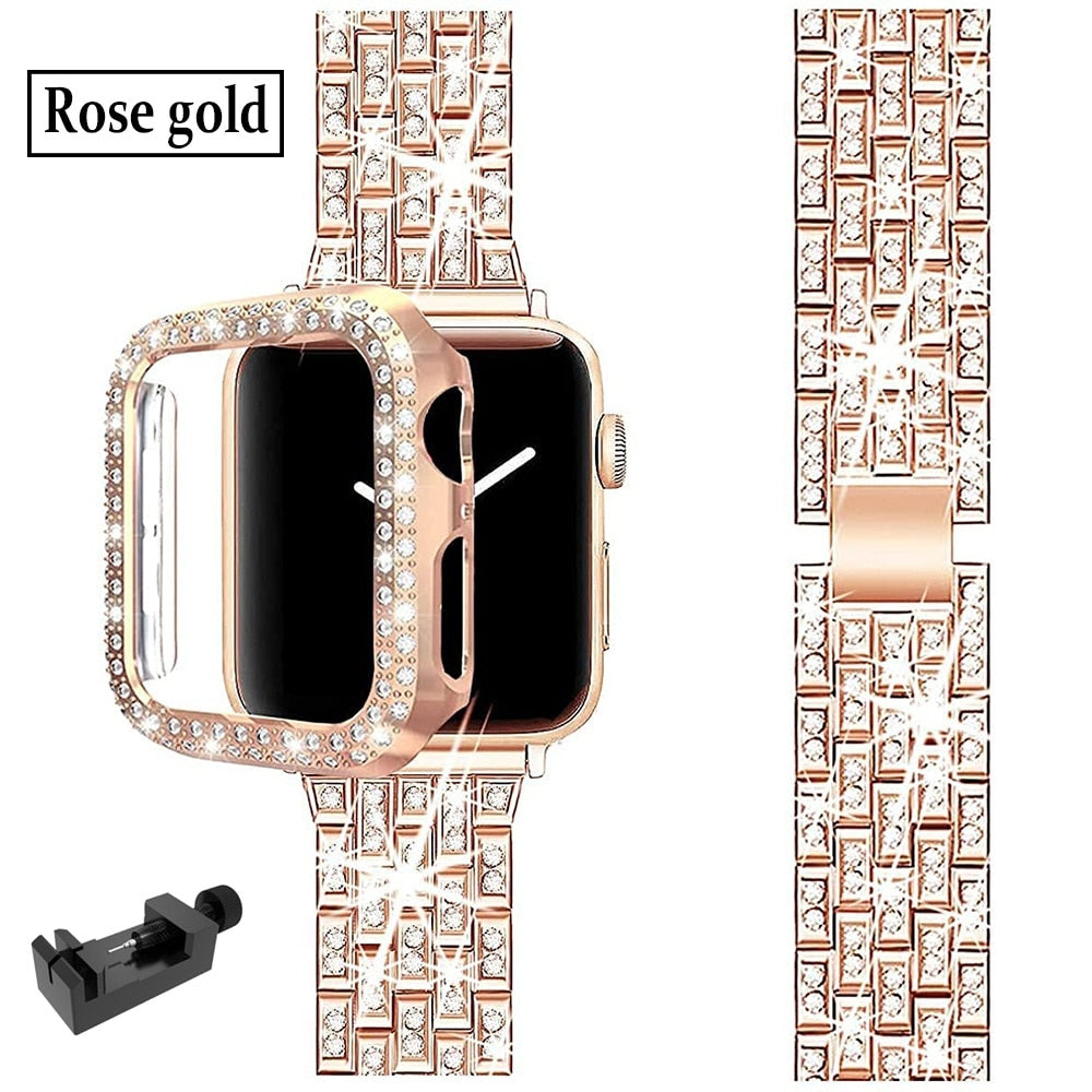For Apple Watch Bands 45mm 41mm 40mm 42mm 44mm Women Glitter Metal Strap Diamond Protective Case iWatch Series 8 7 6 5 4 3 2 SE - Rose gold / For iwatch 321 38mm - Rose gold / For iwatch654SE 40mm - Rose gold / For iwatch 321 42mm - Rose gold / For iwatch654SE 44mm - Rose gold / For iwatch 8 7 45mm - Rose gold / For iwatch 8 7 41mm
