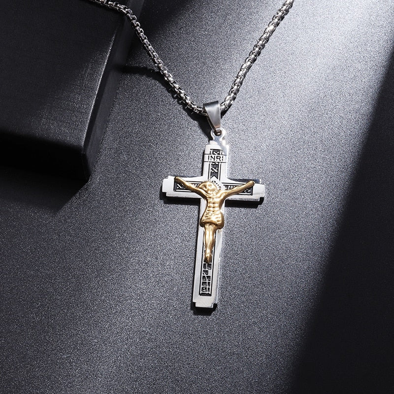 Saint St. Benedict Jesus Cross Pendant Necklace Men and Women Religious Christian Catholic Amulet Stainless Steel Jewelry - AL19971-Goldsiver