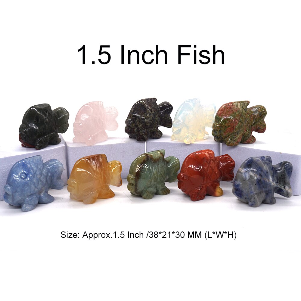 10PCS/ Set Mix Natural Stones Animal Statue Healing Crystal Plant Figurine Gemstone Carved Angel Wicca Craft Decor Wholesale Lot - Fish 1.5 IN