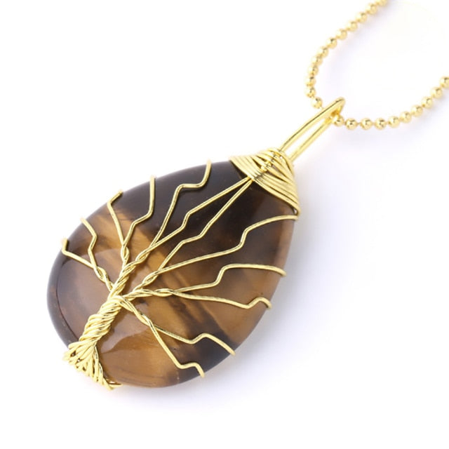 CSJA Natural Gem Stone Pendulum for Divination Dowsing Esoterisme 7 Chakra Crystals Pendulums Tree of Life Necklace Pendant G905 - Tiger Eye Chain A / China - Tiger Eye Chain A / France
