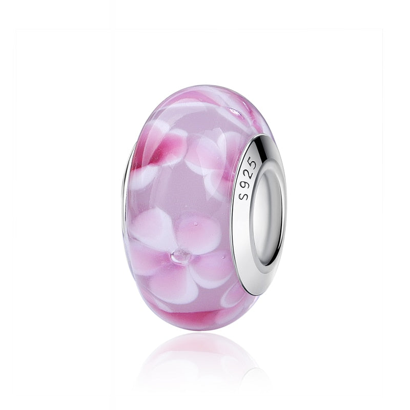 2023 New Original 100% 925 Sterling Silver Glass Bead Wood Stone Murano Flower Charms Fit Pandora Bracelet DIY Women Jewelry - LSM048